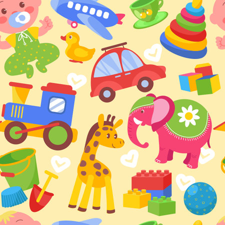 Kids toys seamless pattern. Baby playing elements. Colorful dolls. Plush animals. Balls and cars. Train and plane. Bucket with shovel. Children game objects. Splendid vector backgroundのイラスト素材