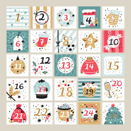 Christmas advent calendar. December holiday banner with funny numbers. Decorated toys. Wreaths and confetti. Openable gift cells. Xmas waiting. Winter celebration. Garish vector templateのイラスト素材