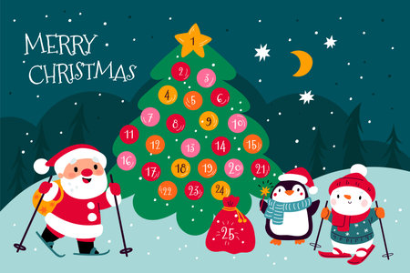 Gift balls on Christmas tree. Advent calendar with numbers. Winter forest. Santa skiing. Penguin or snowman. Toys on festive fir. Xmas waiting. Night landscape. Garish vector conceptのイラスト素材