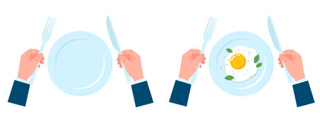 Empty porcelain plate. Bowl full of scrambled eggs. Knife or fork in hand. Omelet at breakfast. Lunch eating. Dishware and cutlery at dining table. Top view. Human arms. Vector conceptのイラスト素材