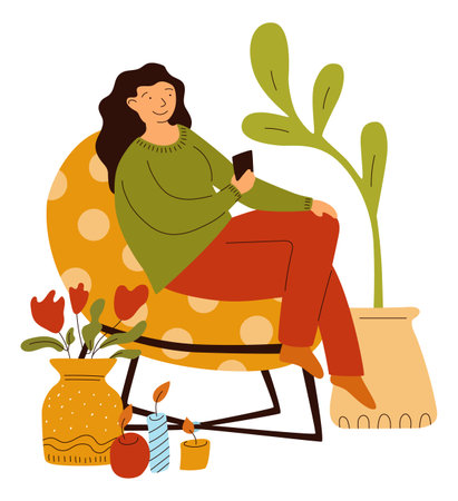 Relaxing girl. Happy woman sitting on comfortable armchair. Cozy home. Hygge relaxation. Young female chatting with mobile. Phone communication. Flower vase and candles. Vector conceptのイラスト素材