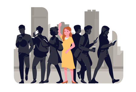 Sad young woman surrounded by silhouettes of people feeling alone in city. Loneliness in crowd. Persons alienation. Psychological problem. Mental disorder. Frustrated female. Vector conceptのイラスト素材