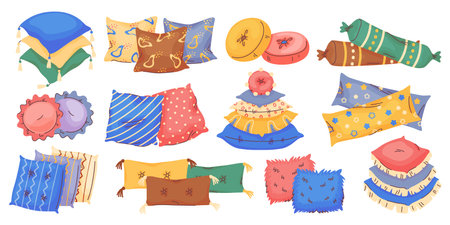 Decorative cushions. Patterned pillows. Home comfort and style. Textile pillowcases with cute elements. Relax accessories. Soft bedding. Cozy objects for bed or sofa. Recent vector setのイラスト素材