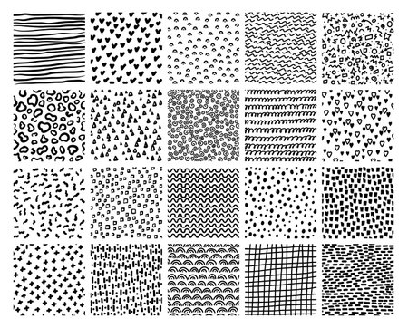 Black doodle textures. Hand drawn decorative patterns. Monochrome abstract backgrounds. Curves or lines prints. Free forms. Geometric shapes. Scribble spirals and hearts. Recent vector setのイラスト素材