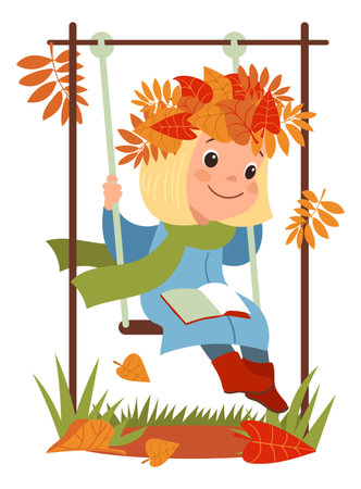 Autumn kid. Girl sitting on swing. Teenager reading with book. Orange leaves wreath. Fall season. Happy child walking in autumnal park. October foliage. Plants defoliation. Vector conceptのイラスト素材