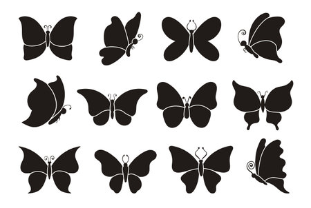 Butterfly silhouettes. Black winged insects. Different simple wavy monochrome shapes. Decorative natural creatures. Tropical bugs. Cute moth tattoo. Flying animals. Splendid vector setのイラスト素材