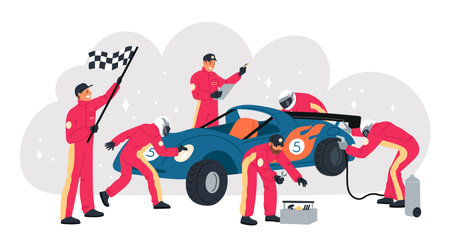 Cartoon racing car on pit stop. Mechanics team in auto servicing process. Tire pumping and wheel replacement. Automobile repair. Race competition. Technician crew. Garish vector conceptのイラスト素材