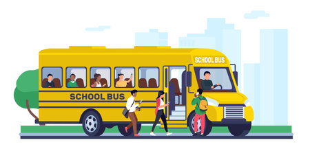 Schoolchildren and students board school city bus. Public transport. Driver and passengers. Journey to college. Pupils group travel. People with backpacks and smartphones. Vector conceptのイラスト素材