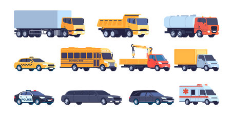 Cars and trucks. Public transportation. Industrial machine with crane or cistern. Limousine and ambulance. Police automobile. Lorry with van. Vehicle traffic. Auto transport vector setのイラスト素材