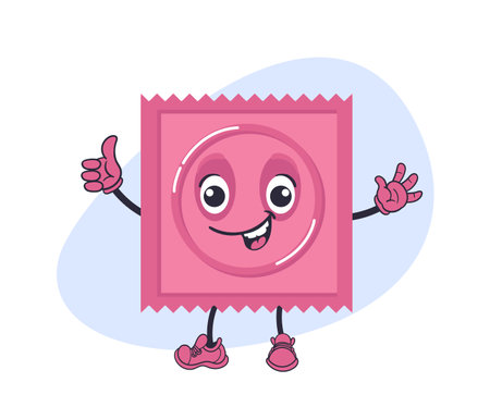 Cartoon condom. Sex protection. Funny contraceptive mascot with happy face and legs. Hand gesture. Lovemaking safety. STDS prevention. Latex sperm barrier contraception. Vector conceptのイラスト素材