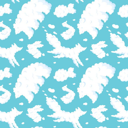 Cute fluffy clouds similar to animals. Kids seamless pattern. Childish dreams and imagination. White bear and rabbit. Cloudy mammals. Fox and bird. Blue sky. Garish vector backgroundのイラスト素材