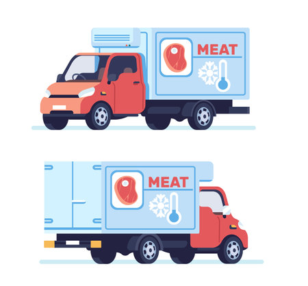 Machine with refrigerator for meat safe transportation. Cargo truck. Food product delivery. Cold temperature storage. Freight lorry front or back view. Grocery shipping. Vector conceptのイラスト素材