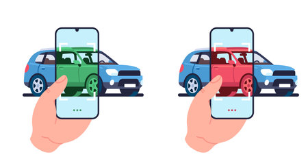 Scan vehicle using mobile app on smartphone. Troubleshooting phone application. Transport monitoring service. Rejected or approved auto registration. Automobile check. Vector conceptのイラスト素材