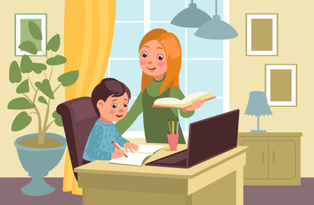 Teaching at home with parents. Caring mom helps son to do his homework. Distance education. Online studying. Kid learning at laptop. Mom explaining lesson to child. Splendid vector conceptのイラスト素材