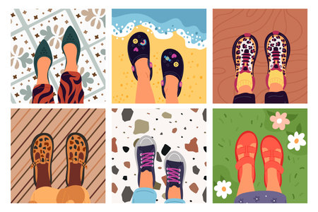 Feet selfie. Top view female legs in different type footwear. Foot on various surfaces. Popular...