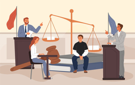 Law and justice. Tiny people with judicial elements. Prosecutor and lawyer debate. Judge in court. Judgement scales and lawbooks. Witness and accused at tribunes. Garish vector conceptのイラスト素材