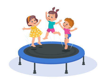Joyful children jumping on trampoline. Boy and girls playing on playground. Happy kids on gymnastics sport equipment. Playful child trampolining cartoon flat isolated vector conceptのイラスト素材