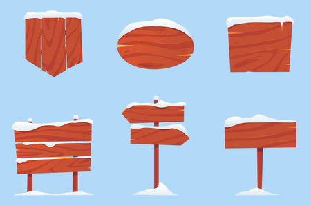 Winter wood sign boards. Cartoon planks covered snow. Christmas pointers. Vintage snowy signposts. Textured game template. Frozen wooden billboards. Cold season. Vector signboards setのイラスト素材
