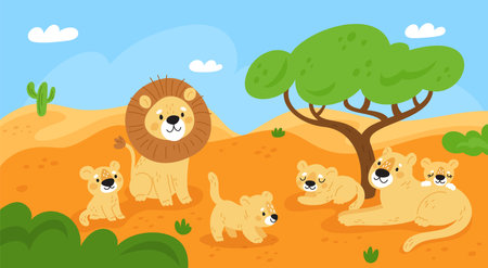Lion family on nature. Beautiful savannah landscape. Wild animals. Resting pride. Lioness with cubs. King of beasts. African safari panorama. Cartoon predator mammals. Garish vector conceptのイラスト素材