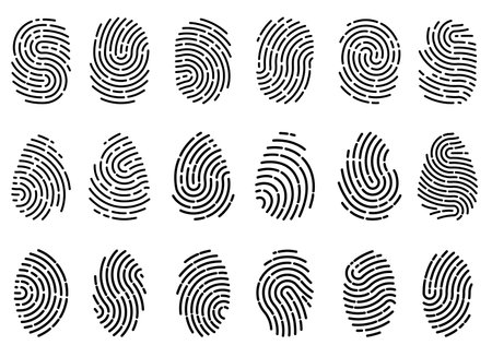 Finger prints. Different scanning fingerprints. Human ID pictograms. Security authentication. Thumbprints scanner. Criminal evidence. Identification sign. Biometric data icons vector setのイラスト素材
