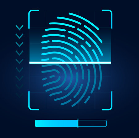 Electronic fingerprint scanning. Biometric data identification process. Authorization technology. Security screening method. Futuristic privacy system. Thumbprints scanner. Vector conceptのイラスト素材
