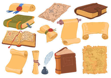 Papyrus scroll and books. Vintage maps. Antique parchments and folios. Medieval literature. Pen with inkwell. Wax seal with ribbon. Historical pages. Ancient document. Splendid vector setのイラスト素材