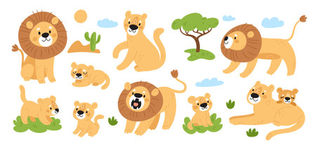 Cartoon cute lions. Funny wild animals pride. King of beasts. Lionesses with cubs. Predators of feline family. Jungle mammals. Savannah tree. Safari carnivore cats. Garish vector setのイラスト素材
