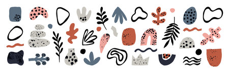 Abstract hand drawn shapes. Primitive organic forms. Modern Boho art simple elements. Trendy graphic doodles. Stones and plant leaves. Minimalist textured decorations. Garish vector setのイラスト素材