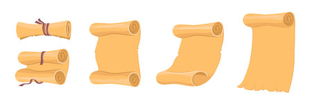 Unfolding scroll. Gradual deployment of old paper roll. Vintage parchment. Empty ancient manuscript for medieval game. Antique document pages. Torn historical sheet. Splendid vector setのイラスト素材