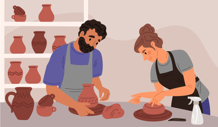 People in pottery workshop. Professional ceramists making pots out of clay. Creativity and hobbies. Handmade ceramic jugs. Earthenware sculpting and decorating. Garish vector conceptのイラスト素材