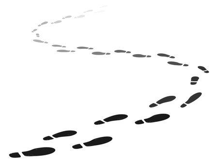 Path of shoe tracks. Walking away footsteps. Foot stamps moving beyond horizon. Soles steps going perspective. Boots footprints. Footwear imprints. Footmarks way. Recent vector conceptのイラスト素材