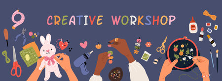 Handmade crafts frame. Embroidery top view. Sewing and gluing. Hands make handicrafts. Invitation to creative workshop. Hobby tools. DIY toy. Arms create accessory. Garish vector conceptのイラスト素材