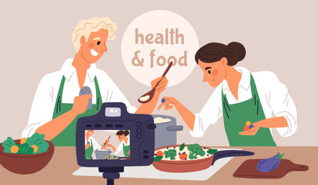 Food bloggers film cooking process. Happy people cook soup. Chefs preparing salad on camera. Professional channel management. Record video. Show recipe tutorial. Garish vector conceptのイラスト素材