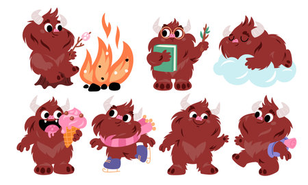 Cartoon bigfoot character. Funny mythical creature. Brown furry monster in different poses and situations. Sasquatch sleeping and eating ice cream. Yeti with bonfire. Garish vector setのイラスト素材