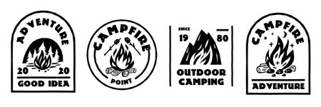 Campfire black labels. Adventure emblems with bonfires. Monochrome stickers. Tourist hiking elements. Forest and mountains. Fire flame burning. Marshmallow roasting. Garish vector setのイラスト素材