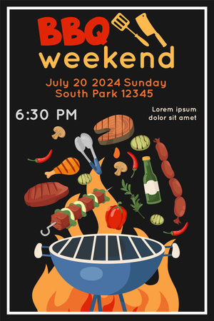 BBQ party poster. Barbecue weekend invitation. Grill event banner. Cooking over open fire. Grilled ingredients. Meat and vegetables. Barbeque picnic. Sausages roast. Recent vector conceptのイラスト素材