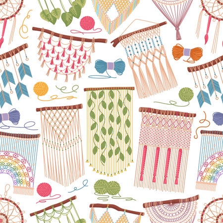 Macrame seamless pattern. Bohemian style home decor. Handmade rustic knitted rope goods. Repeated hanging elements. Knots and tassels. Scandinavian decoration. Recent vector backgroundのイラスト素材