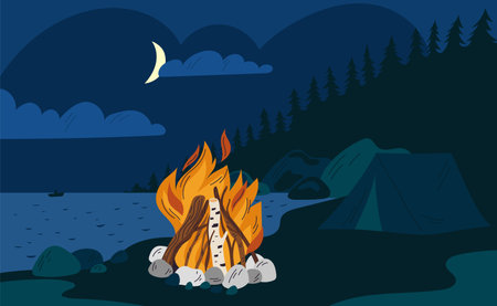 Bonfire in night forest. Tent on river bank. Burning campfire. Outdoor recreation. Hiking travel. Overnight in open air. Nature landscape. Glowing fire in dark. Garish vector conceptのイラスト素材