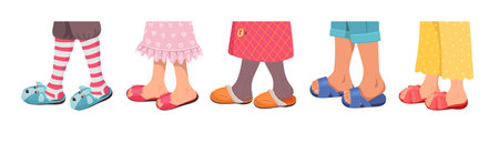 House slippers on human legs. Comfortable home shoes. Soft warm materials. Children feet in knee socks and stockings. Felt and fur footwear. Domestic clothing. Splendid vector setのイラスト素材