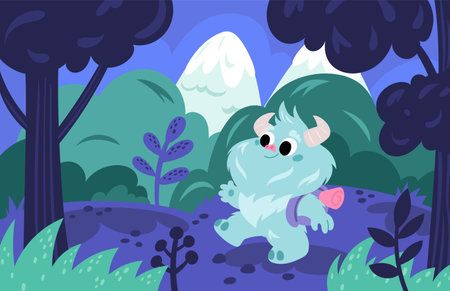 Cartoon yeti walks. Cute snowman in nature goes hiking with backpack. Fantastic shaggy creature. White bigfoot in wild forest. Hairy monster. Sasquatch traveling. Garish vector conceptのイラスト素材