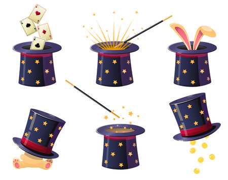 Cartoon magician hat and wand. Illusionist show cylinder cap. Magical accessories with secret. Rabbit ears. Cards ace. Circus stage performance elements. Vector conjuror trick tools setのイラスト素材