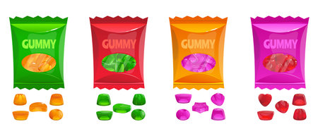 Cartoon gummy sweets packages. Colorful jelly gum candies. Different shapes and flavors. Juicy fruits marmalade. Chewing kids desserts. Gelatin bears. Vector confectionery wrappers setのイラスト素材
