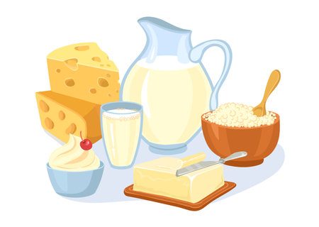 Cartoon dairy products composition. Milk food. Farm cheese. Yogurt bottle and butter. Fresh organic source of calcium. Whipped cream. Glass jug. Healthy nutrition. Splendid vector conceptのイラスト素材