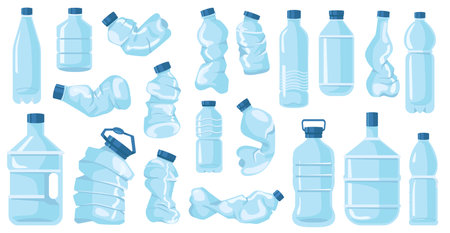 Cartoon crumpled bottles. Broken containers for drinking water. Plastic garbage. Crushed empty packages. Disposable flasks. Compressed pack. Recycling waste elements. Recent vector setのイラスト素材