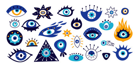 Evil eyes. Turkish or Greek talisman icons. Magical amulets. Hamsa esoteric symbols. Blue color Fatima eyeballs with lashes. Traditional occult souvenir. Fire sight. Garish vector setのイラスト素材