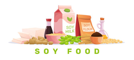 Cartoon soy products composition. Soybean food. Natural organic source of protein. Vegetarian cuisine ingredients. Legumes flour and milk. Healthy nutrition. Seed oil. Vector conceptのイラスト素材
