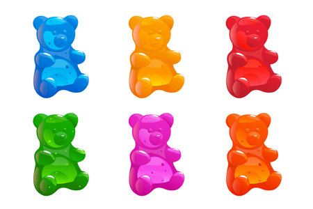 Cartoon colored jelly bears. Chewing marmalade. Fruit gummy. Kids chewy sweets. Animal shaped desserts. Elastic bright candies. Delicious gelatin snacks. Vector yummy confectionery setのイラスト素材