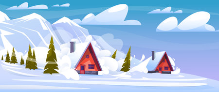 Avalanche on residential settlement. Natural danger disaster. Houses destruction. Elemental calamity. Snow descent from mountains. Winter season catastrophe. Cold landscape. Vector conceptのイラスト素材