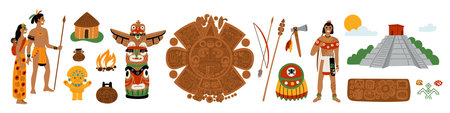 Maya civilization. Ancient Indian culture. Aztecs and Incas traditional elements. Ethnic costumes. Mexican tribe. Mesoamerican people. Occult architecture. Garish vector ethnographic setのイラスト素材