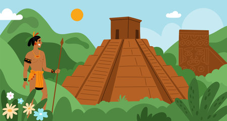 Maya civilization landscape. Aztecs and Incas ancient architecture. Village with pyramid temple....